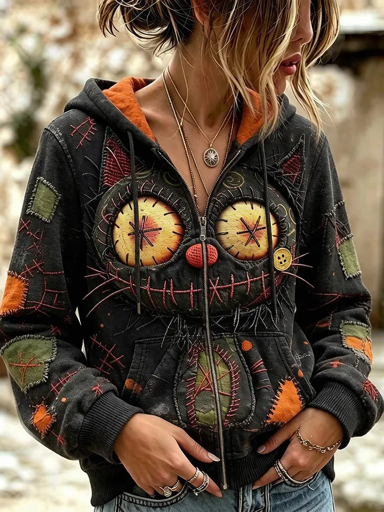 Women's Halloween Gothic Vintage Monster Black Cat Face Stitched Art Comfy Zipper Hoodie
