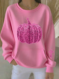 Women's Fall Breast Cancer Awareness Sequined Pumpkin Print Casual Crew Neck Sweatshirt