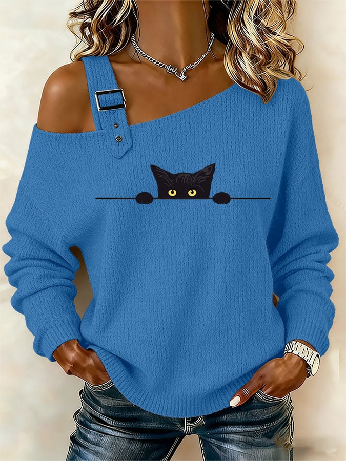 Women's Cute Cat Print Off-Shoulder Knit Top
