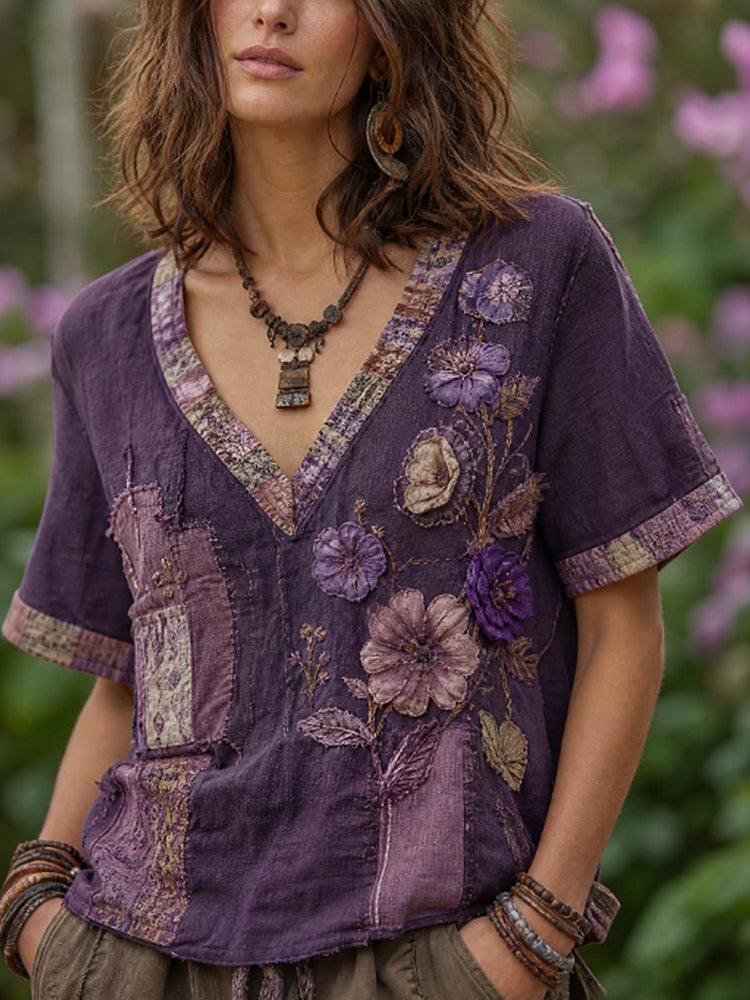 Women's Bohemian Floral Patchwork Vintage Vacation V-neck Cotton Linen T-shirt