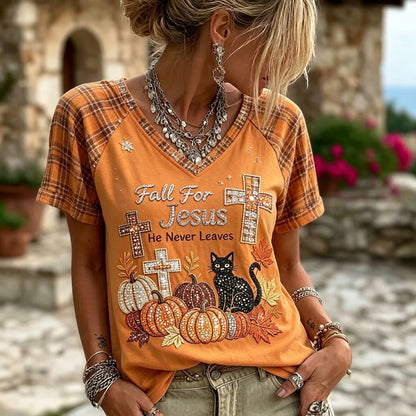 Women's Autumn Pumpkin Cat Art Print V-neck Short Sleeve T-shirt