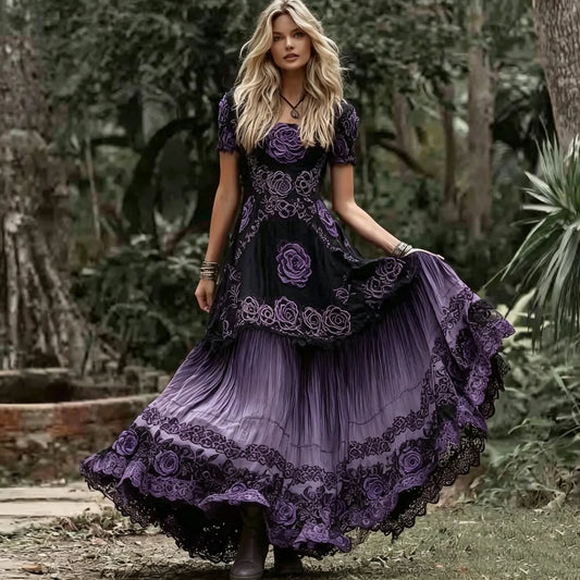 Women's Vintage Purple Rose And Celtic Knot Embroidered Casual Crew Neck Dress