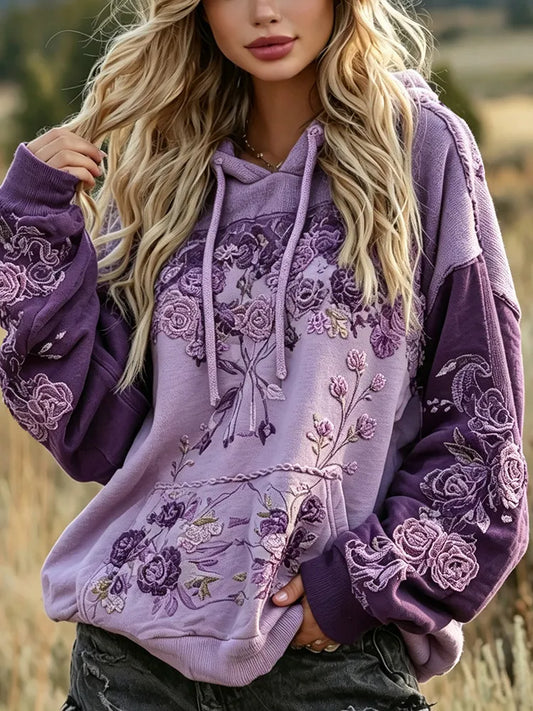 Women's Retro Purple Floral Embroidered Hooded Sweatshirt