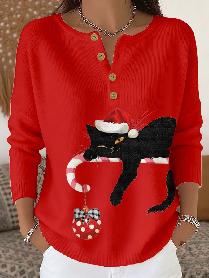 Women's Christmas Cute Cat Print Knit Button Top