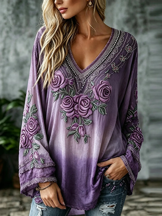 Women's Vintage Floral Art Flowy Cotton Linen V-neck Long-sleeved Top