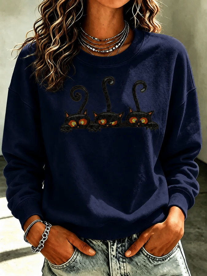 Women's Halloween Cat Print Sweatshirt