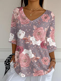 Women's Retro Breast Cancer Pink Floral Print Mid Sleeve T-Shirt