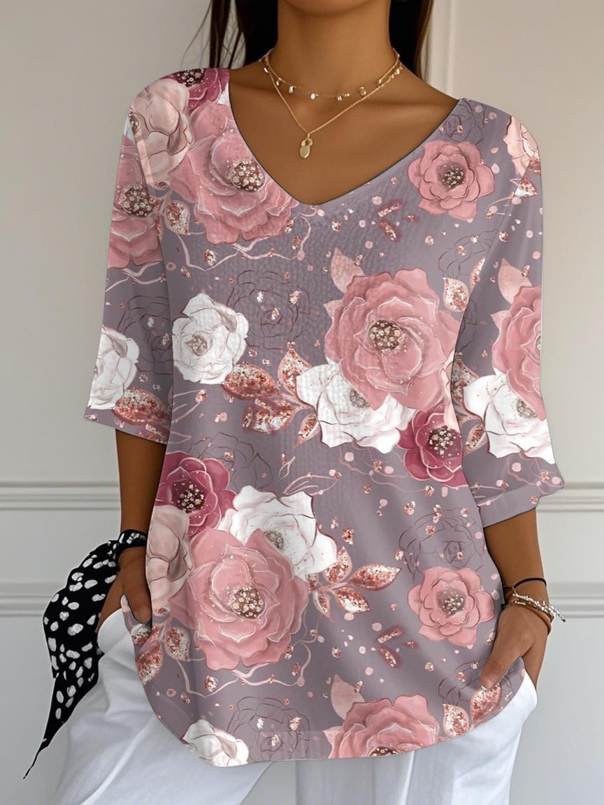 Women's Retro Breast Cancer Pink Floral Print Mid Sleeve T-Shirt
