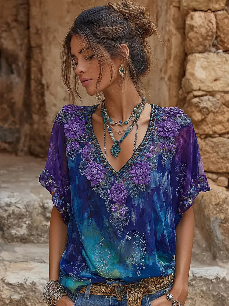 Women's Retro Purple Floral Embroidery Pattern Casual V-neck T-shirt