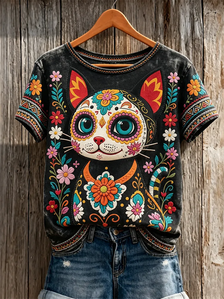 Women's Retro Floral Cat Skull Print Cotton Linen Top