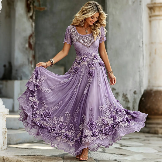 Women's Vintage Purple Floral Art Cotton Linen Short Sleeve Flowy Dress