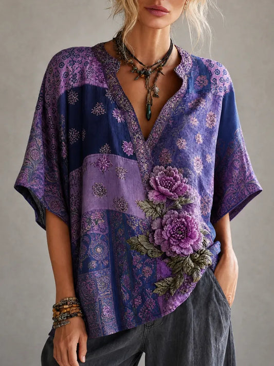 Women’s Boho V-neck Blouse With Purple Patchwork And 3d Floral Appliqué