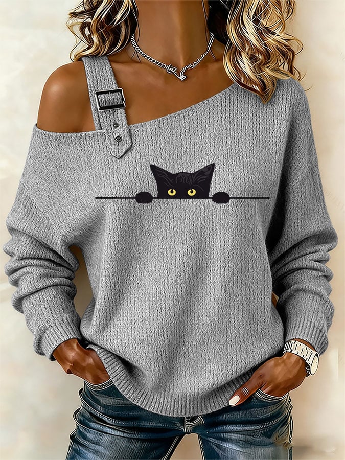 Women's Cute Cat Print Off-Shoulder Knit Top