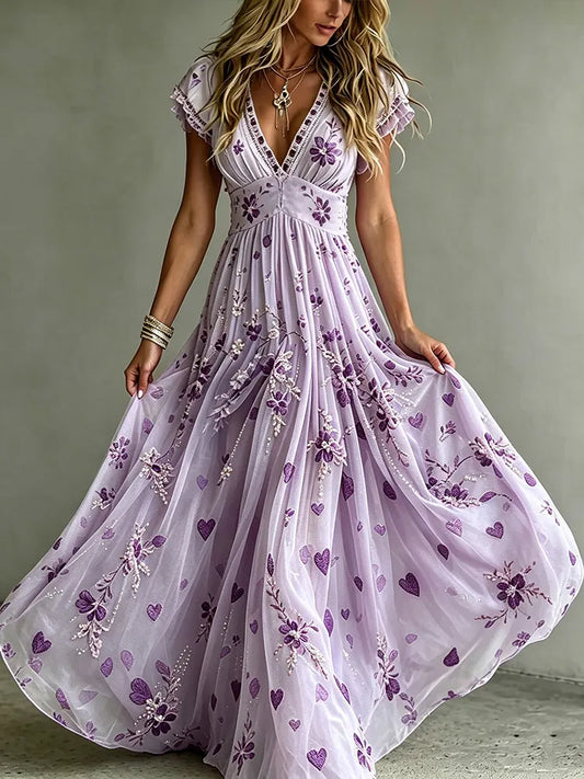 Women's Boho Lavender Purple Floral Heart 3d Embroidery Beaded Flowy V Neck Short Sleeve Dress