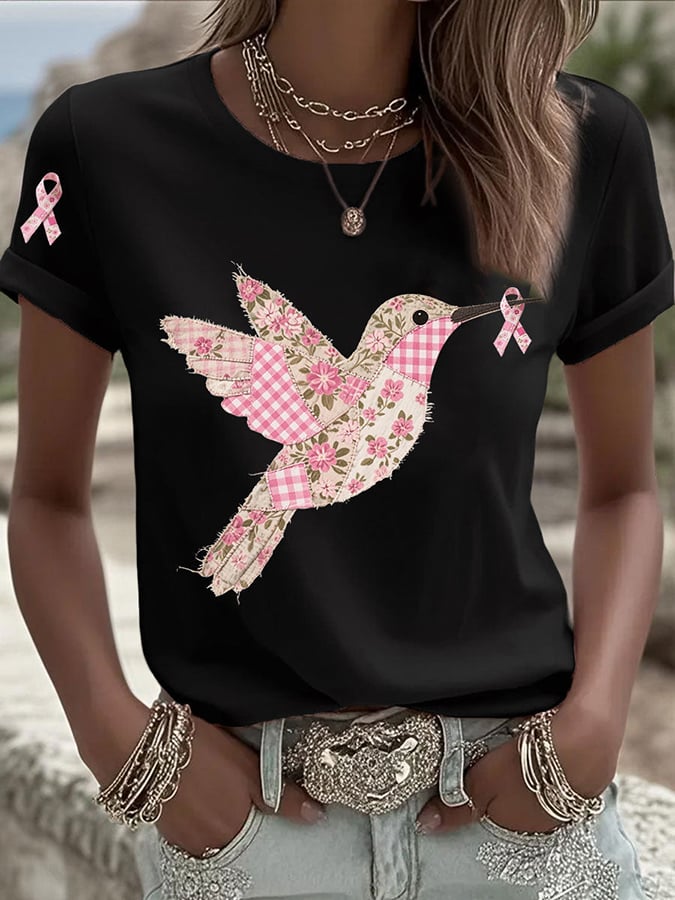 Women's Pink Hummingbird Print Round Neck T-Shirt