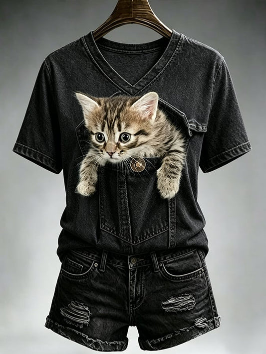 Women's Cute Cat  Print Casual T-shirt