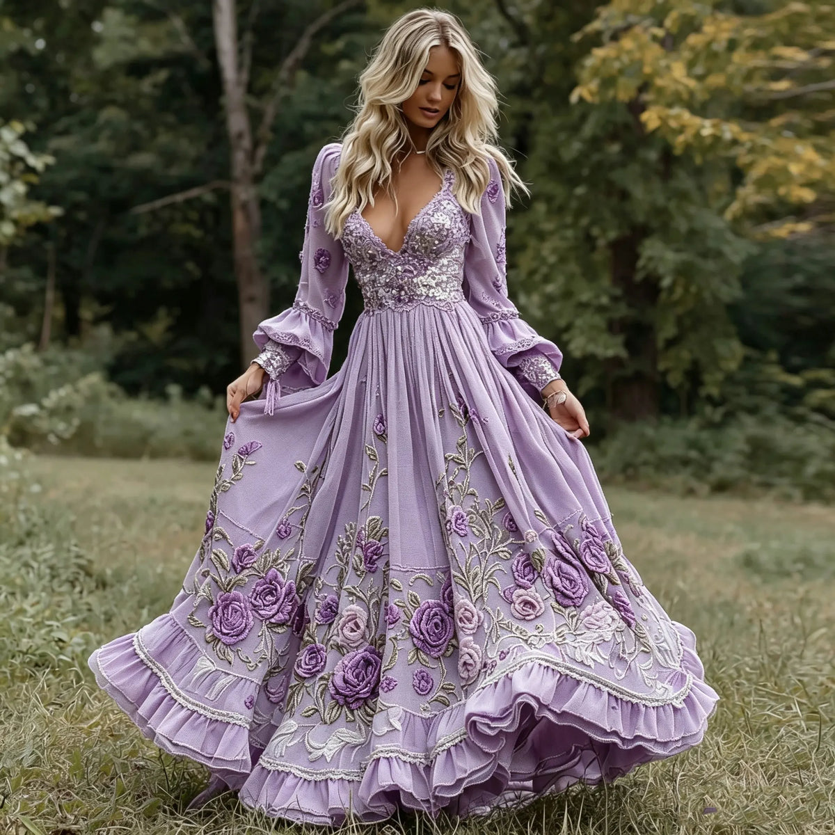 Women's Retro Rose Floral Art Casual V Neck Long Sleeve Casual Maxi Dress
