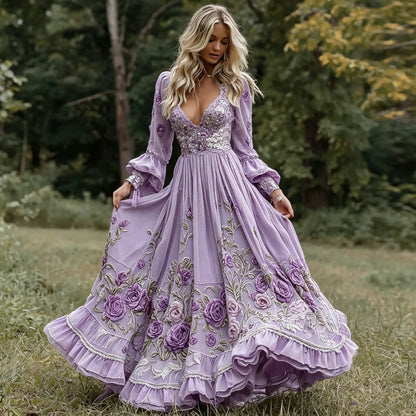 Women's Retro Rose Floral Art Casual V Neck Long Sleeve Casual Maxi Dress