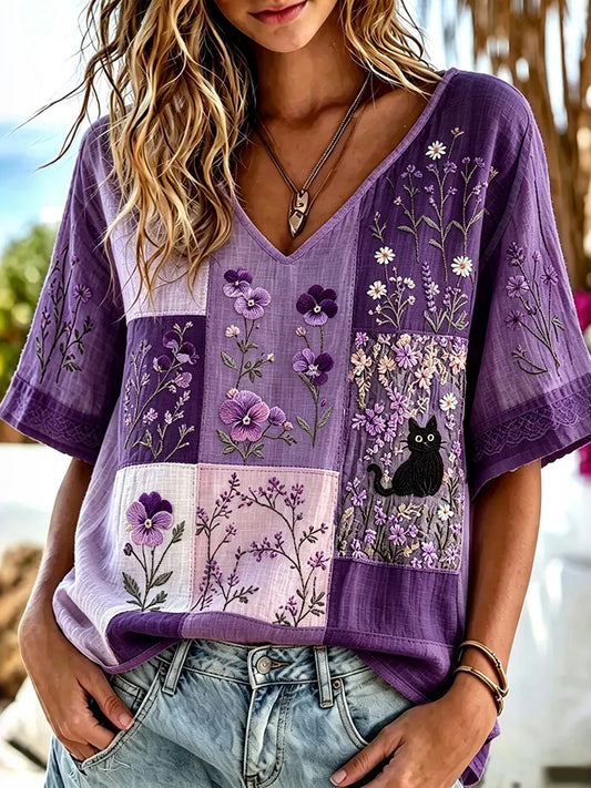 Women's Vintage Floral With Cat Art Embroidery Linen Blend V-neck Short-sleeve T-shirt