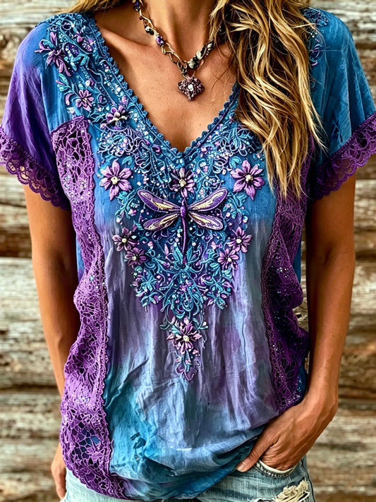 Women's Vintage Bohemian Floral And Dragonfly Embroidered Print Top