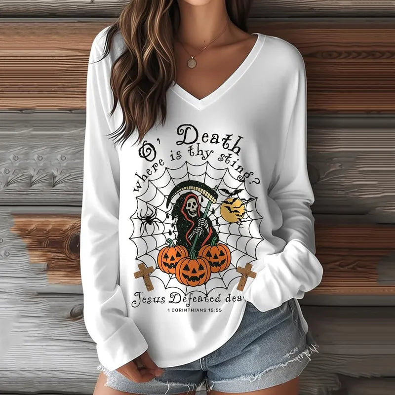Women's Retro Halloween Faith Skull Pumpkin Print Casual V-neck Long Sleeve T-shirt