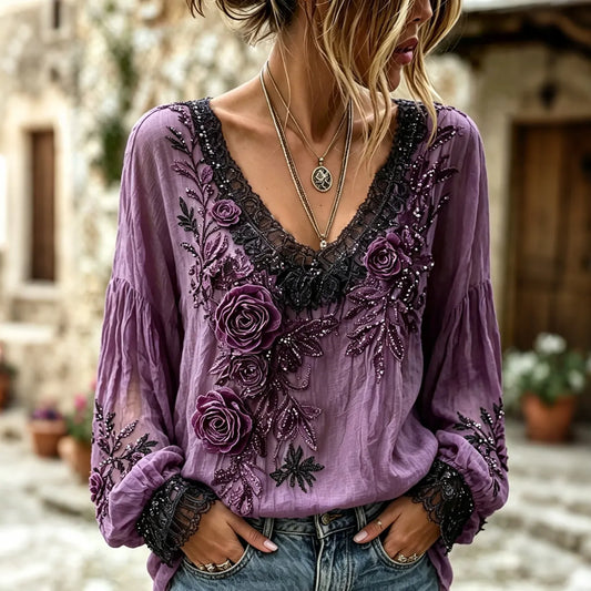 Women's Retro Boho Purple Floral Art Cotton Linen V Neck T-shirt