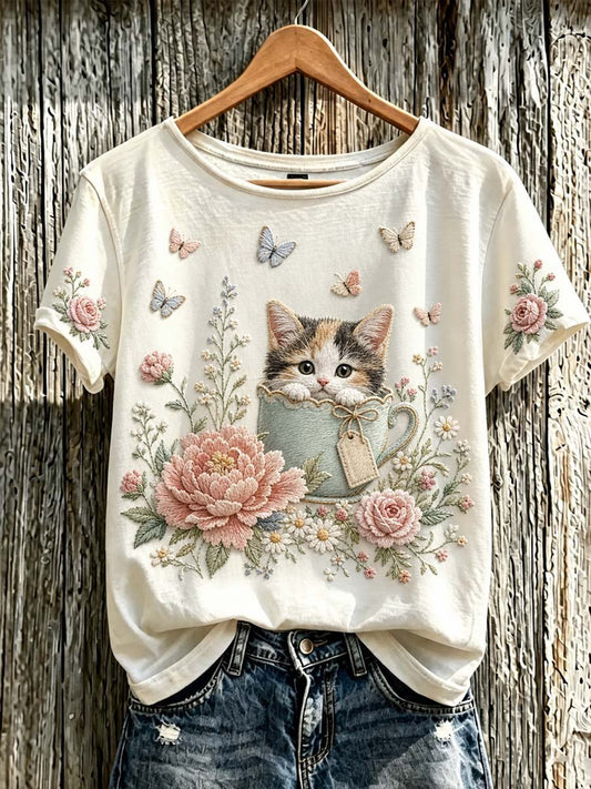 Women's Cute Cat and Floral Pattern Short-Sleeve T-Shirt