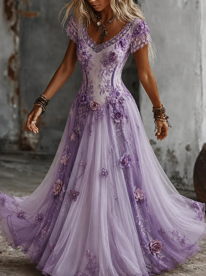 Women's Purple Bohemia Floral Embroidered Gradient Art Flowy Maxi Dress