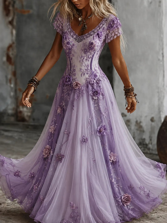 Women's Purple Bohemia Floral Embroidered Gradient Art Flowy Maxi Dress