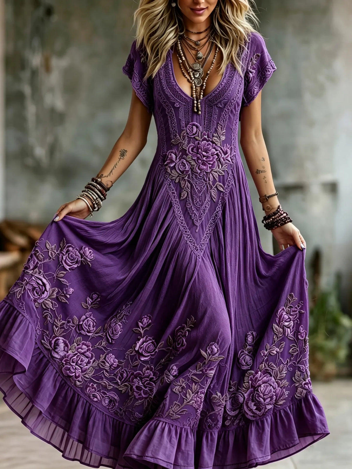 Women's Vintage Floral Embroidered Art V-neck Short Sleeve Flowy Maxi Dress