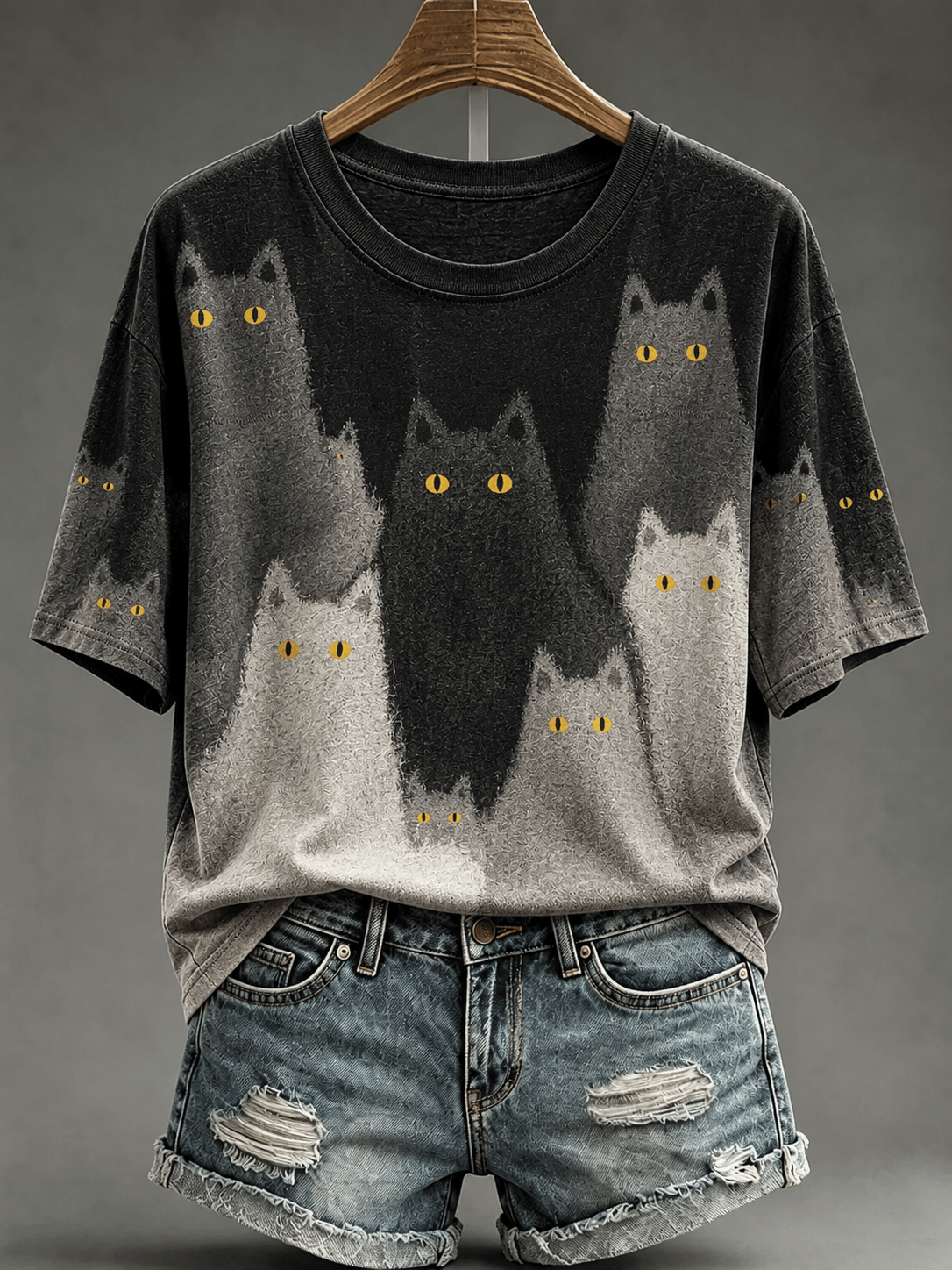 Women's Gradient Black Cat Print Crew Neck Top