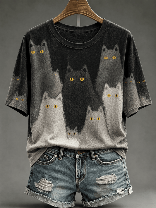 Women's Gradient Black Cat Print Crew Neck Top