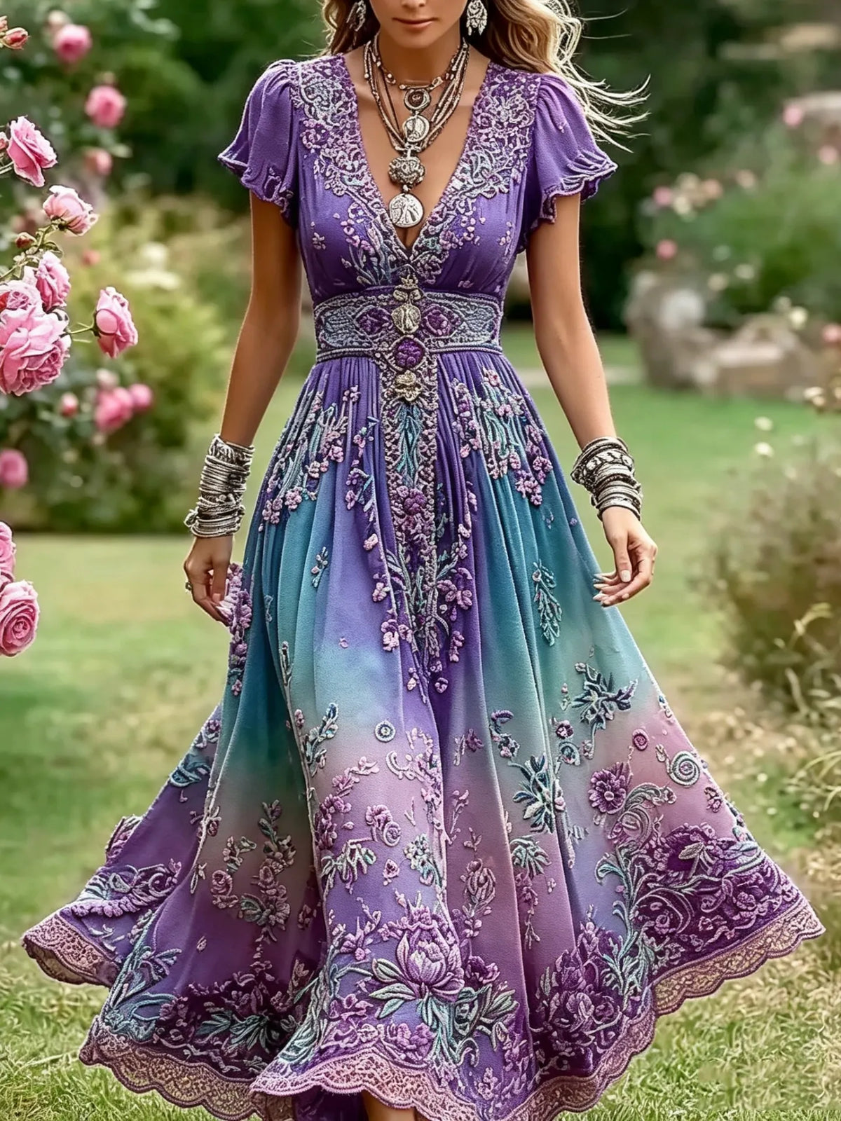 Women's Retro Rose Floral Art V Neck Gradient Short Sleeve Maxi Dress