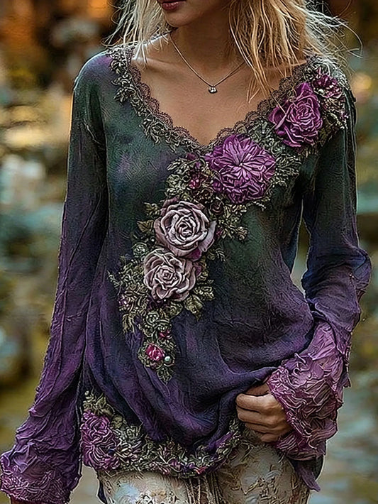 Women's Vintage Bohemian Rose Floral Embroidery Print Top