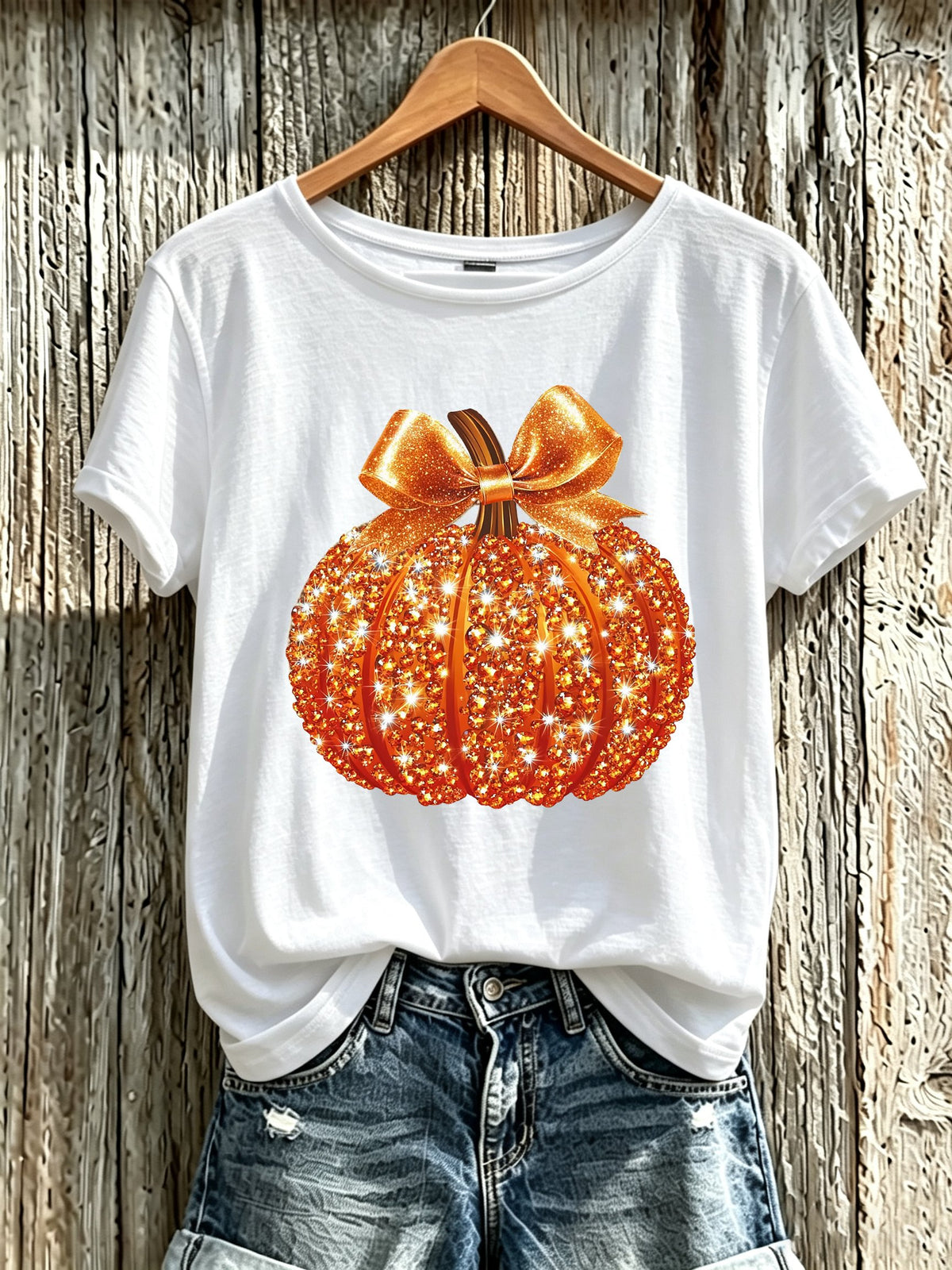 Women's Autumn Sequin Pumpkin Print Crew Neck T-Shirt