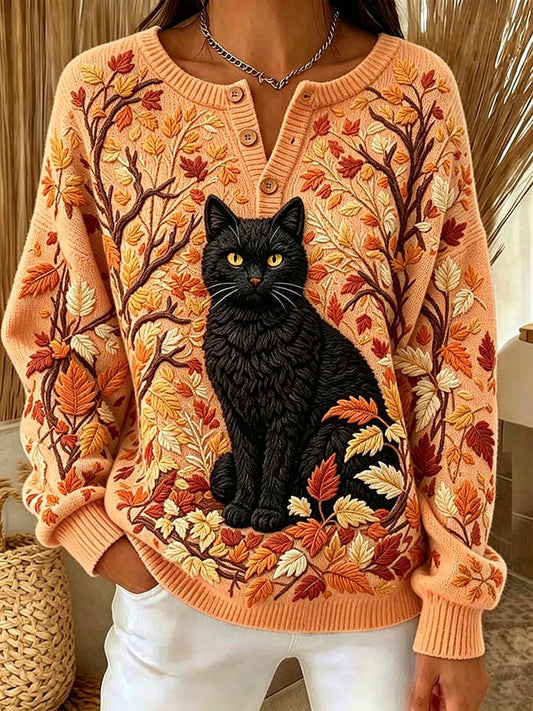 Women's Casual Print Button-Up Collar Knit Top