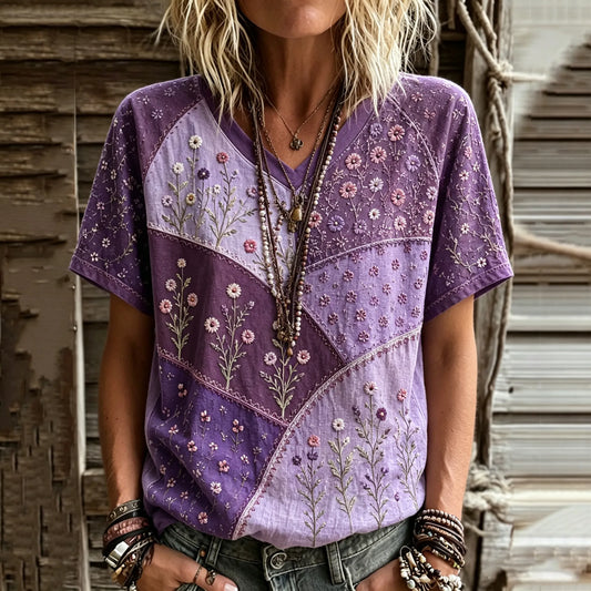 Women's Vintage Classy Purple Floral Patchwork Embroidery Art Short Sleeve Linen T-shirt