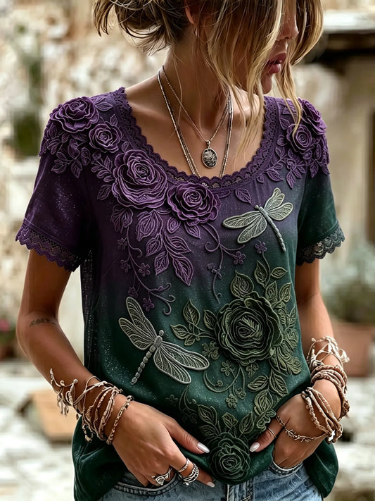 Women's Retro Purple Rose And Dragonfly Embroidery Pattern Casual Round Neck T-shirt