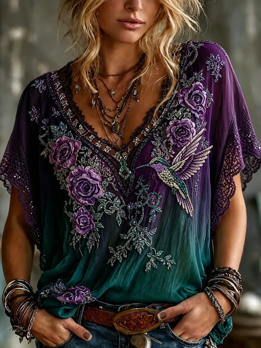 Women's Vintage Floral With Hummingbird Art Embroidery Linen Blend V-neck Short-sleeve T-shirt