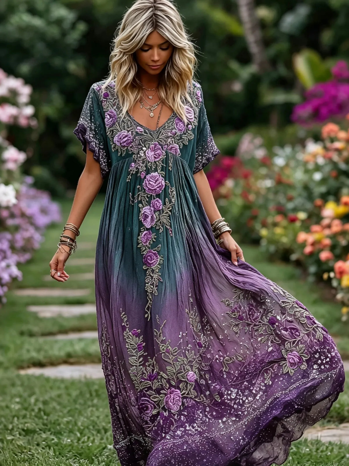 Women's Purple Floral Print Alzheimer's Awareness Casual Dress