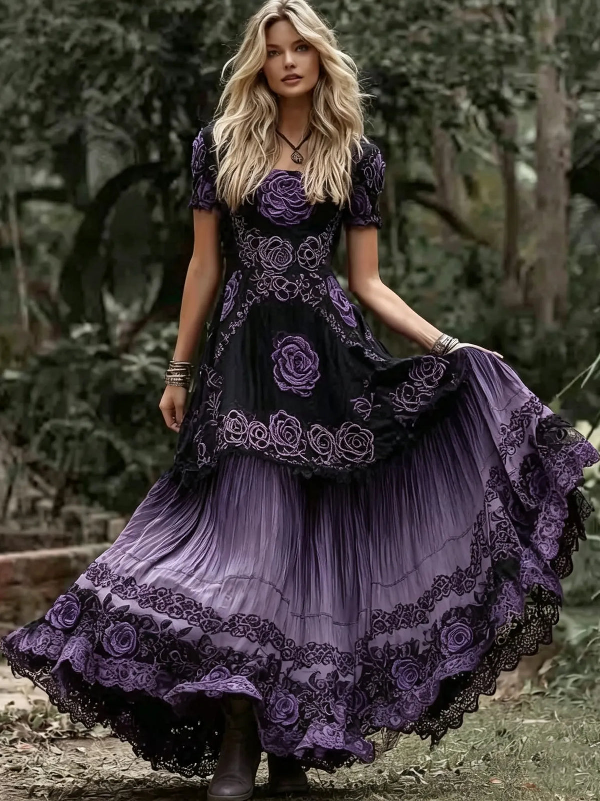 Women's Vintage Purple Rose And Celtic Knot Embroidered Casual Crew Neck Dress
