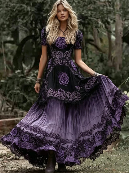 Women's Vintage Purple Rose And Celtic Knot Embroidered Casual Crew Neck Dress