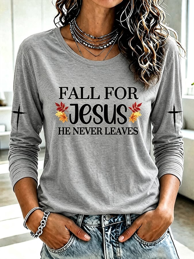 Women's  Retro  Fall For Jesus He Never Leaves Print T-shirt