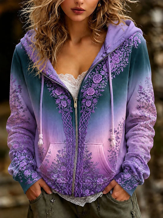 Women's Retro Bohemian Viking Floral Print Zipper Hooded