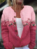 Women's Pink Floral Breast Cancer Awareness Print Buttoned Cardigan Sweater
