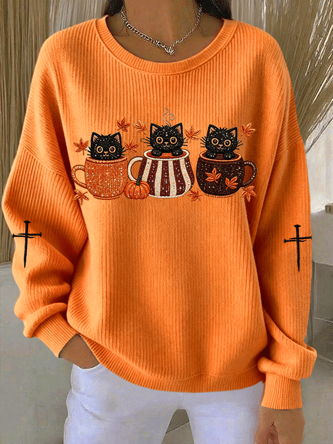 Women's Autumn Maple Leaf Cat Faith Print Long-Sleeved Knit Top