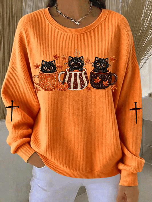 Women's Autumn Maple Leaf Cat Faith Print Long-Sleeved Knit Top