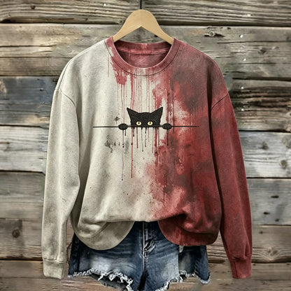 Abstract Creative Bloody Cat Halloween Graphic Casual Sweatshirt