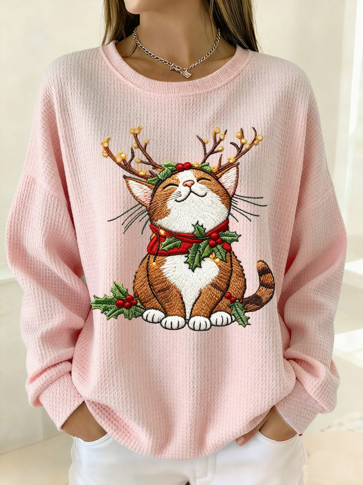 Women's Winter Christmas Cat Print Crew Neck Waffle Top