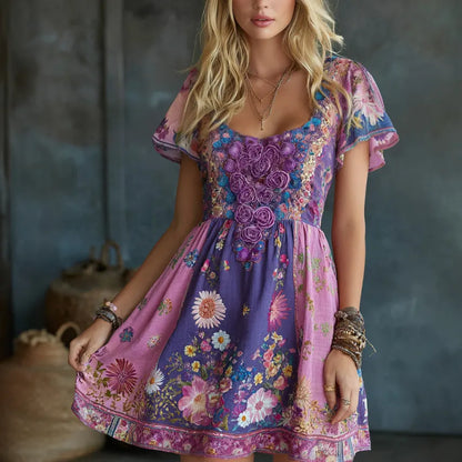 Women's Retro Floral Art Embroidery Cotton Linen Round Neck Dress
